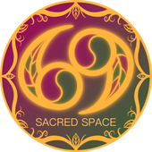 Circular gold and purple logo with a triquetra symbol and the words “SACRED SPACE”