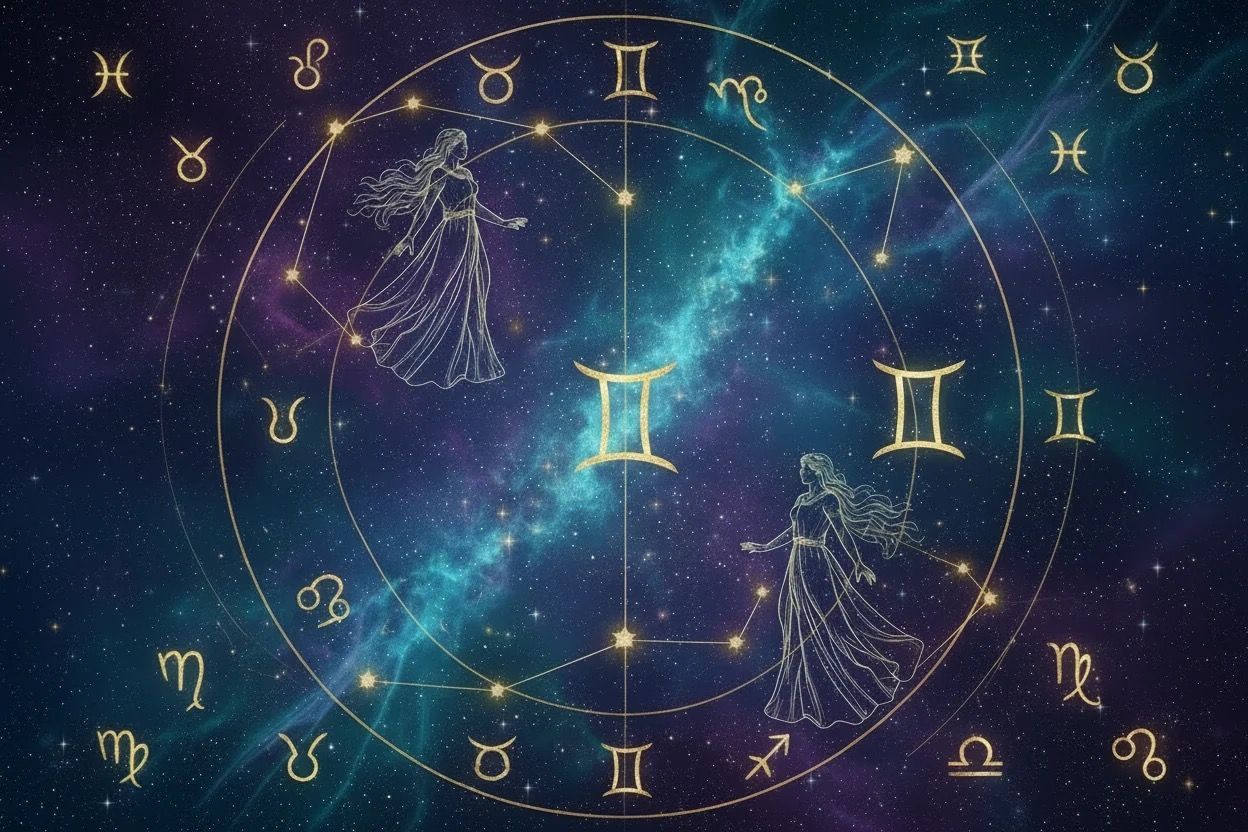 Abstract neon Gemini zodiac symbol with glowing blue orb, chat bubbles, and digital icons on a starry cosmic background