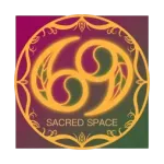 Circular gold logo with ornamental border and “SACRED SPACE” text on a purple-green gradient background