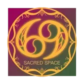 Circular gold logo with ornamental border and “SACRED SPACE” text on a purple-green gradient background