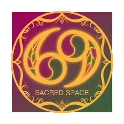 Circular gold logo with ornamental border and “SACRED SPACE” text on a purple-green gradient background