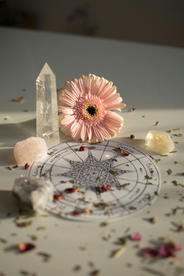 Crystal and pink flower on a tarot card, with scattered petals and small stones on a white surface