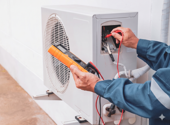 Technician testing an outdoor HVAC unit with a multimeter and probe leads