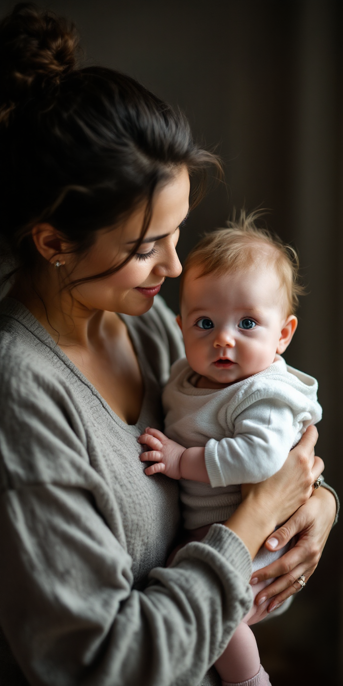 Woman with dark hair bun holds a baby in her arms, looking lovingly at the baby.