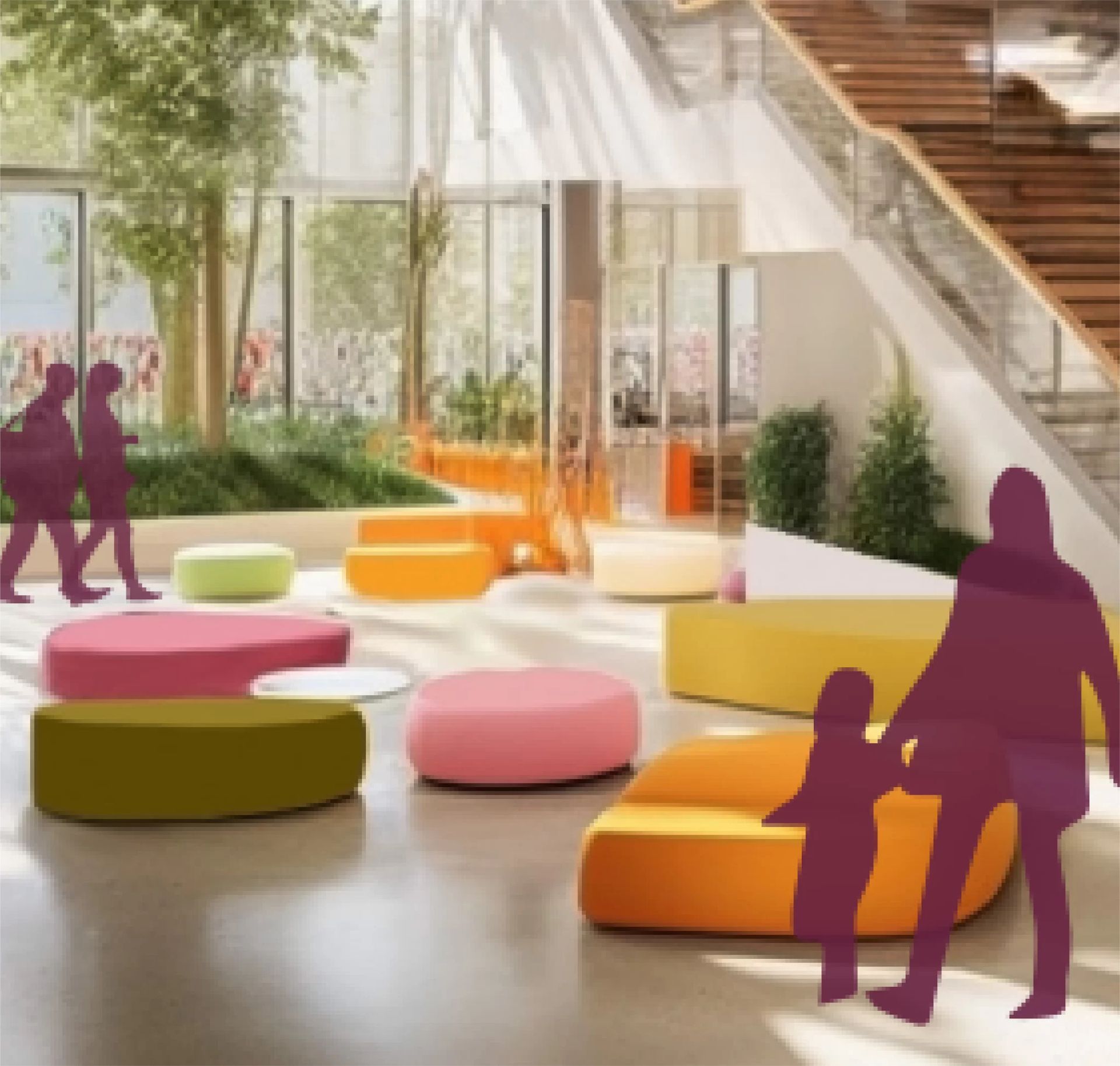 Lobby with colorful seating, trees, large windows, and people silhouettes; indoor, bright, welcoming.