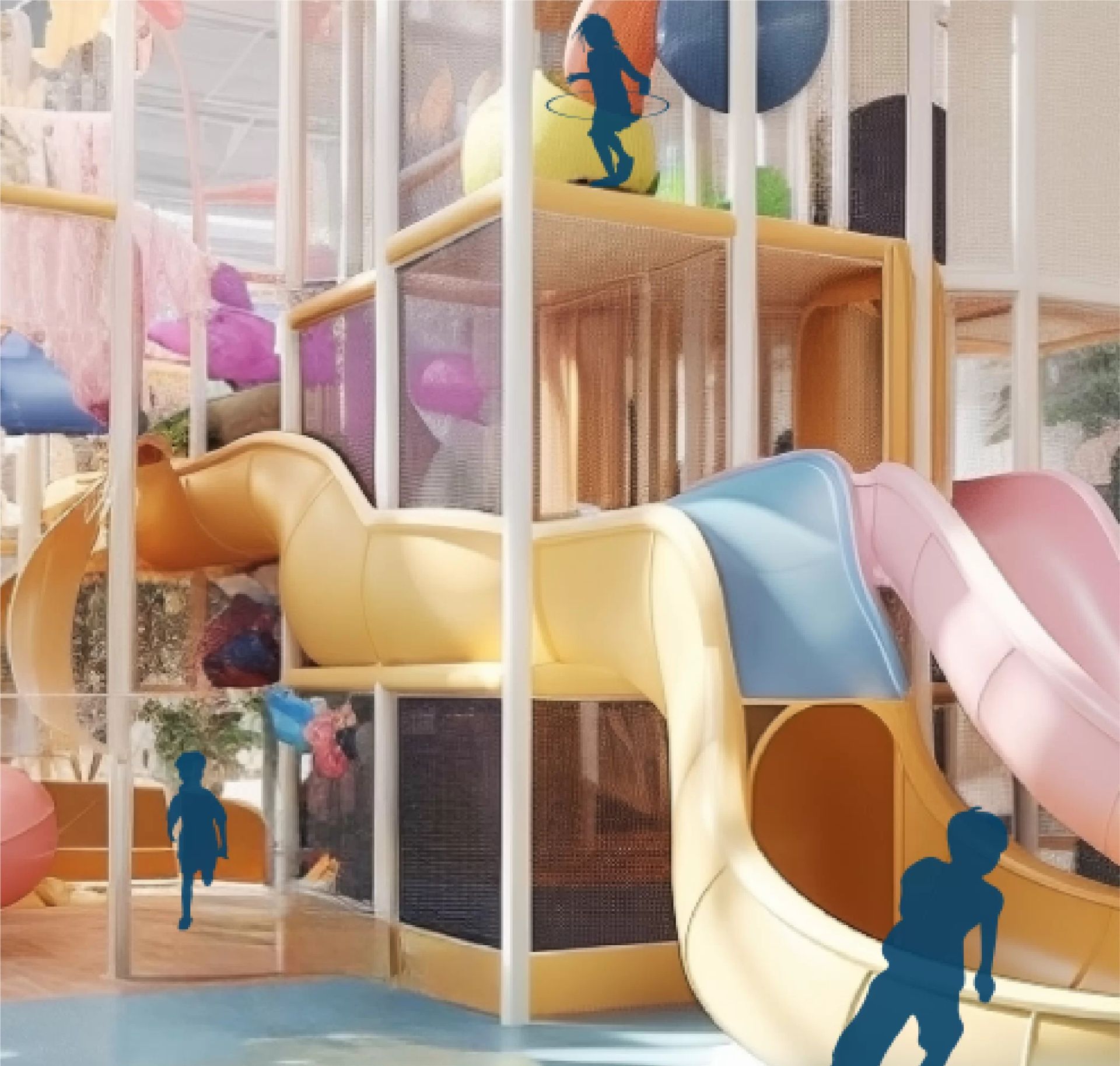 Play structure: yellow slides, clear enclosures, light blue floor, silhouetted children.