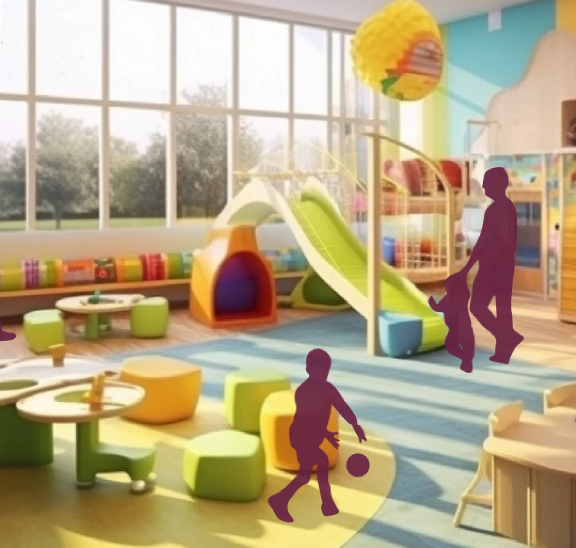 Playroom with slide, tables, and children playing. A person leads a child and another kicks a ball.