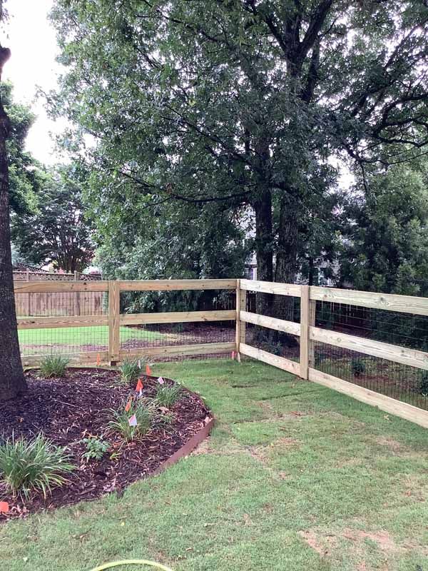 Wooden fence with wire mesh, bordering a lawn and garden bed with mulch. Green trees in the background.