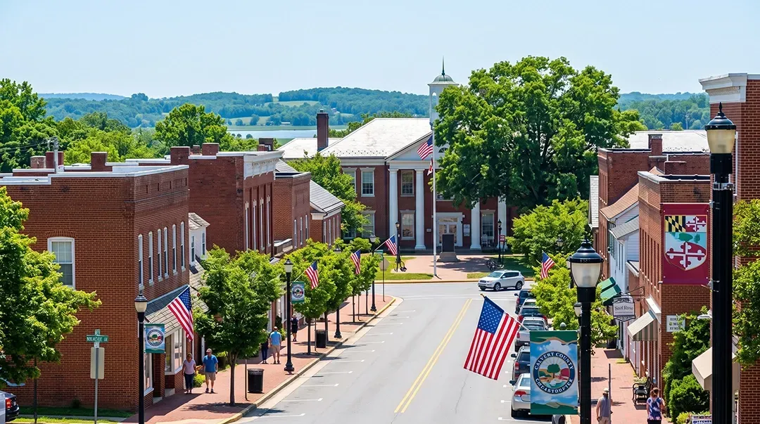 Main street in a small town with brick buildings, American flags, and a distant church under a clear sky