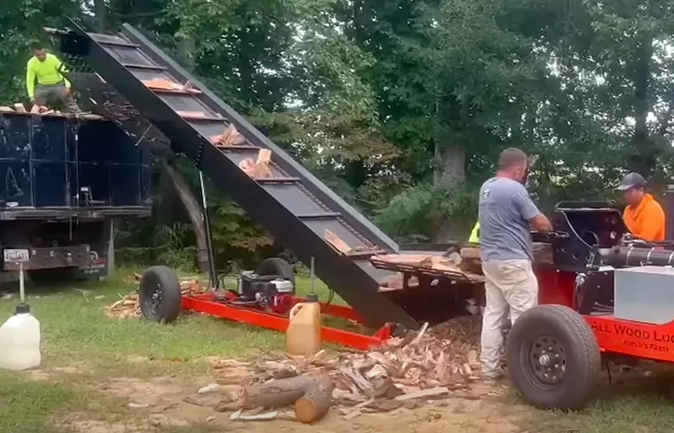 Workers loading wood cuts onto a conveyor up to a dump truck at an outdoor cleanup site