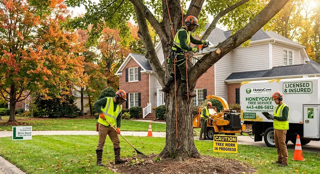 Utility workers in neon vests working by a large tree in a residential yard with orange cones and equipment