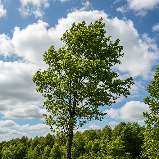 Tall tree with green leaves against a blue sky with fluffy white clouds, forest in the background.