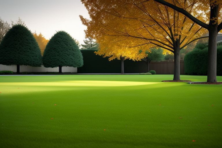 A lush green lawn with trees in the background
