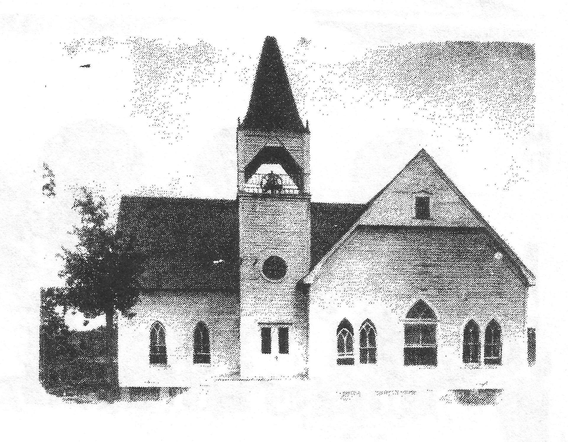 A black and white drawing of a church with a steeple