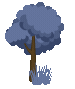 Blue-purple tree with a thick trunk and hanging roots on a white background