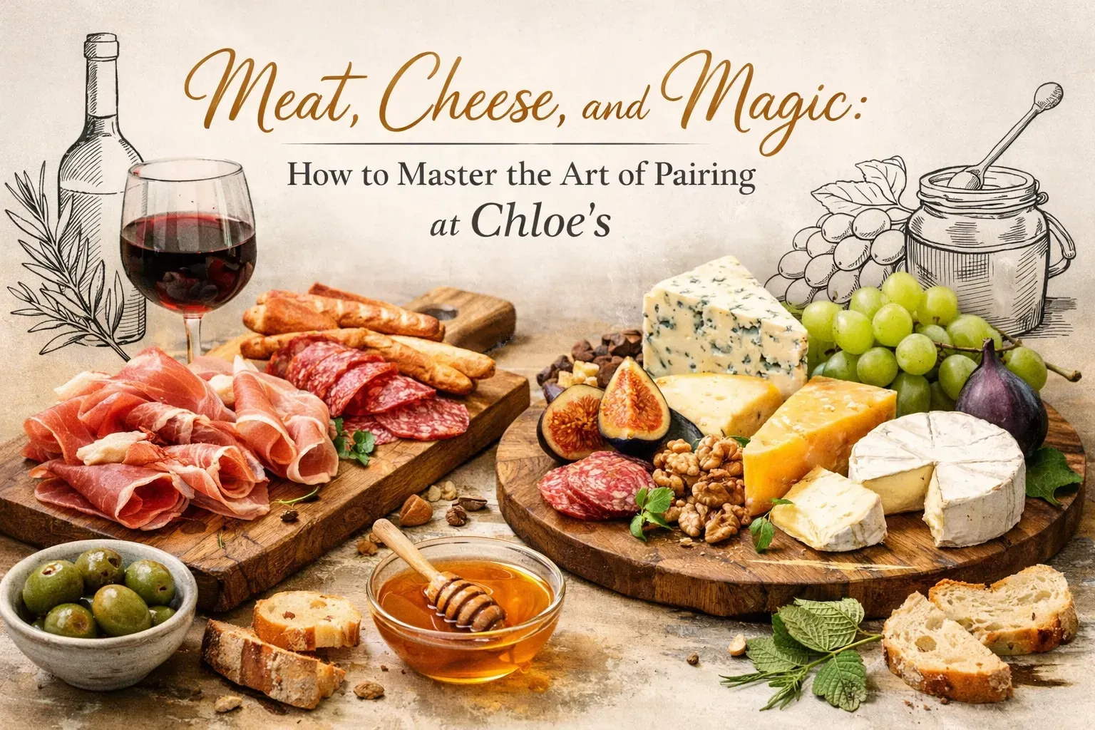 A rustic charcuterie board with cured meats, cheeses, grapes, and honey, titled