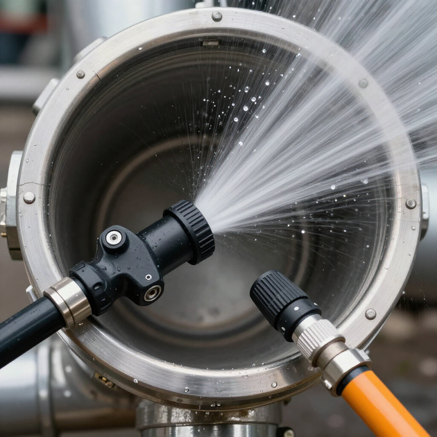Two hoses spraying water into a metal pipe or tank interior during cleaning