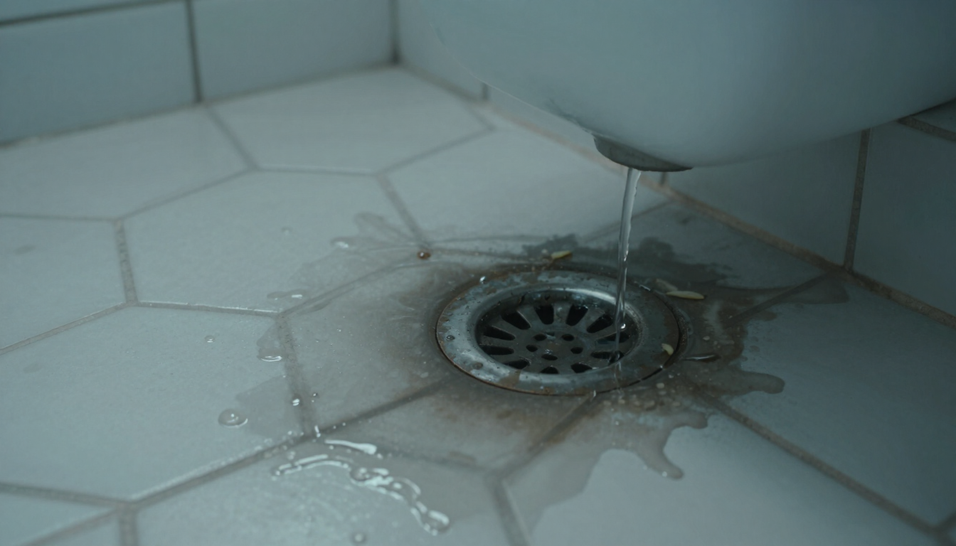 White tiled bathroom floor with a metal drain and water pooling around it