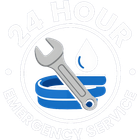 24-hour emergency plumbing service logo with wrench, water drop, and blue pipe icon