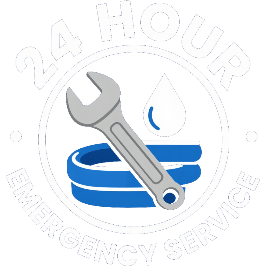 24-hour emergency plumbing service logo with wrench, water drop, and blue pipe icon
