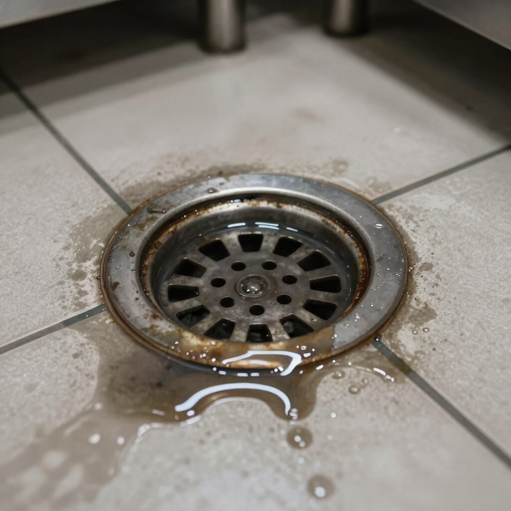 Close-up of a dirty metal floor drain with pooled water on gray bathroom tiles.