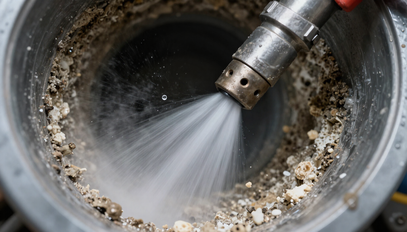 Water spraying from a metal hose nozzle inside a dirty pipe, cleaning residue from the interior.