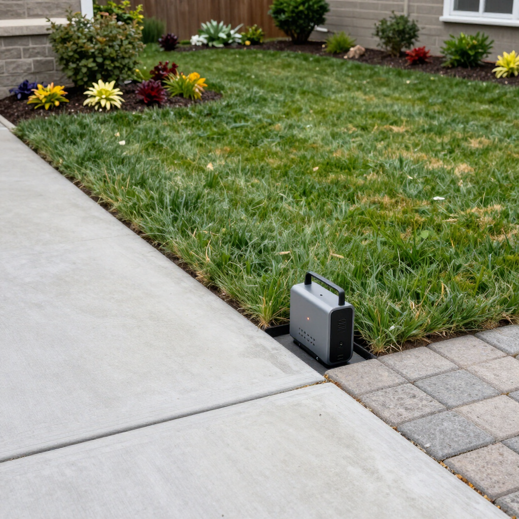 Lawn with flower bed beside a concrete sidewalk; small black device near the edge.