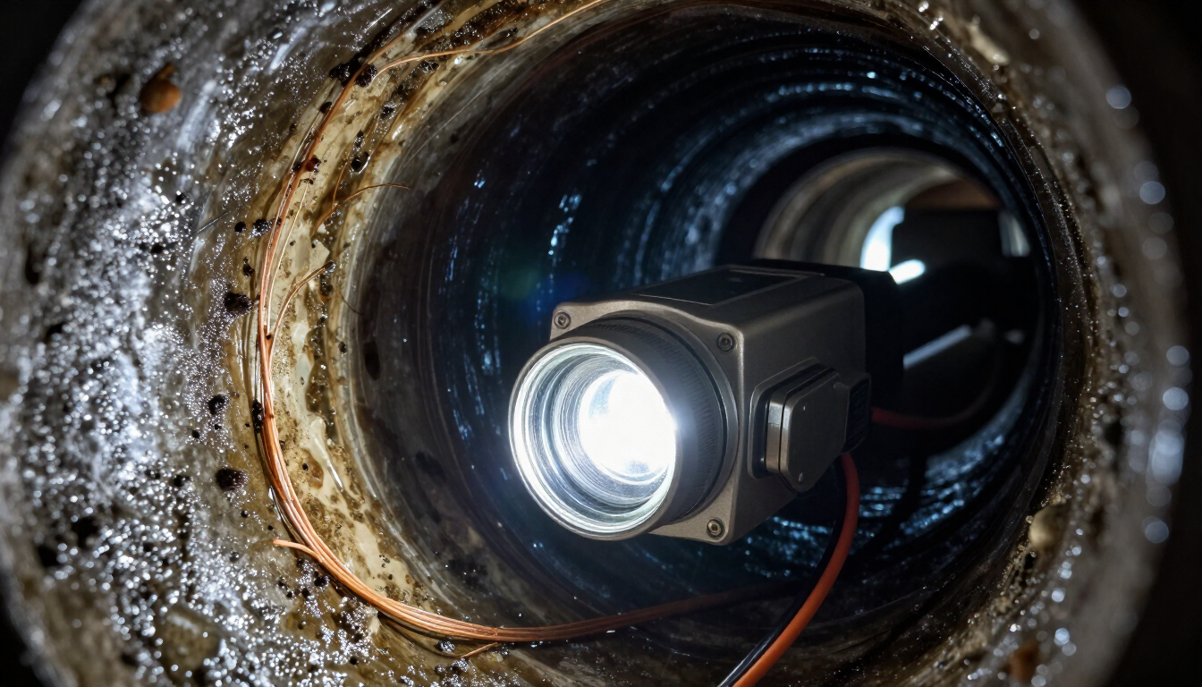 Flashlight illuminating the inside of a rusted metal pipe or tunnel