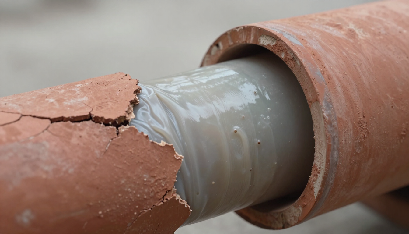 Broken terracotta pipe exposing a gray inner pipe segment with cracked clay around the break