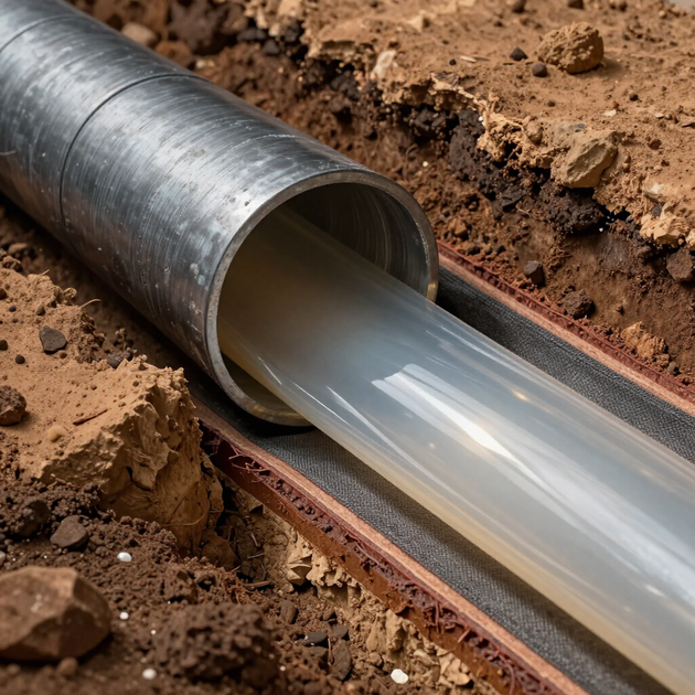 A metal pipe draining water into a trench of brown soil and rocks