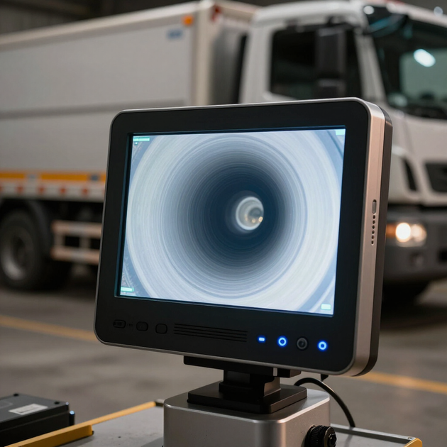 Close-up of a monitor displaying a pipe inspection view in front of a truck at an industrial site