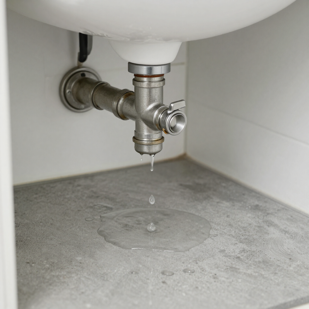 Leaky sink drain dripping water into a gray basin area