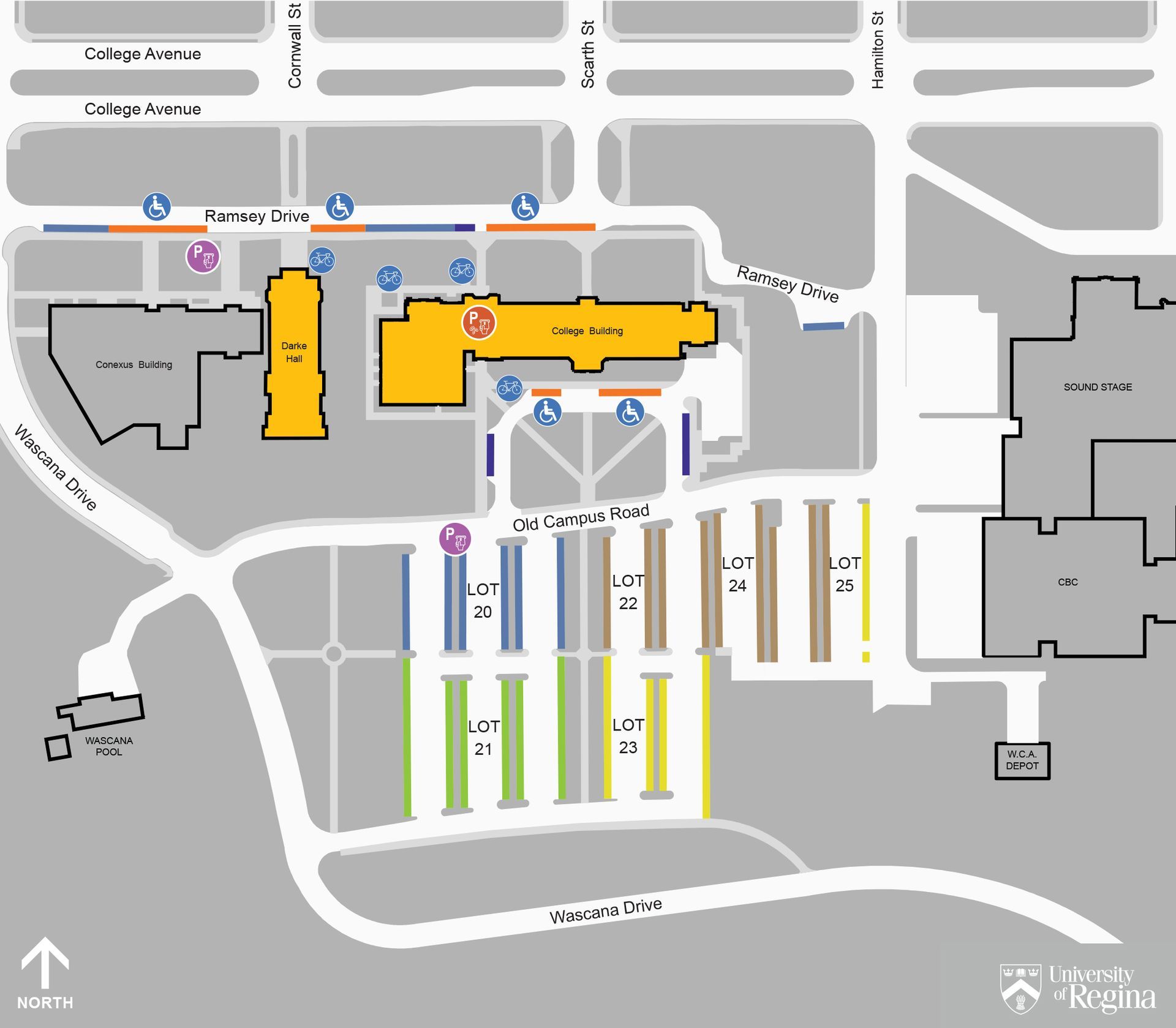 A parking map with a yellow building in the middle