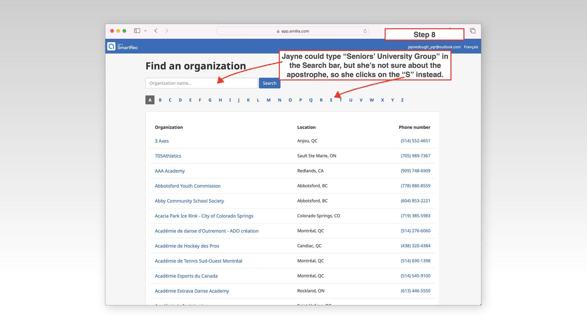 A screenshot of an AmiliaSmartRec page with a search bar