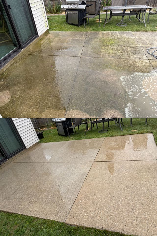 Patio before-and-after cleaning: stained concrete beside a table and grill, then a cleaner light-colored surface