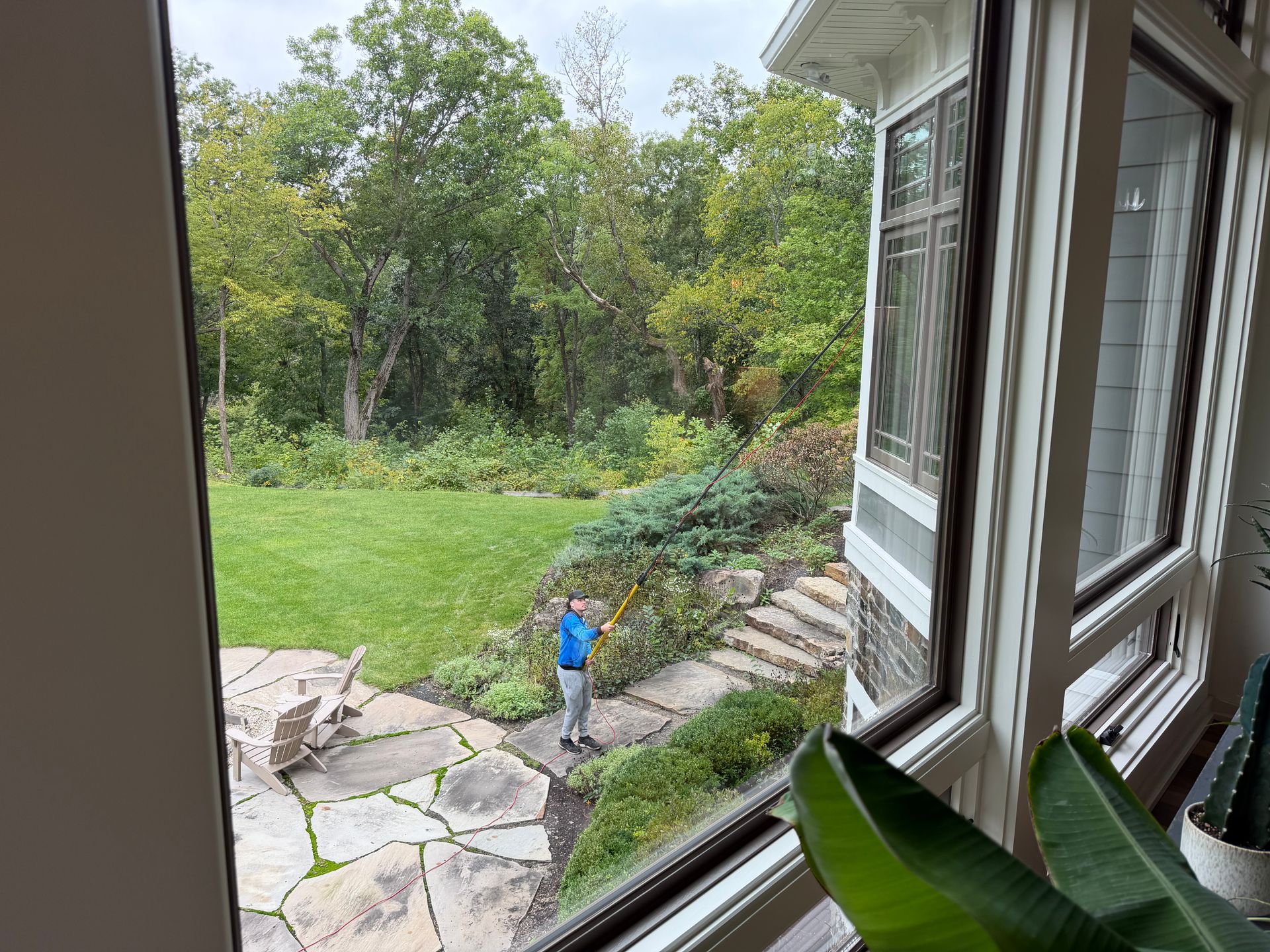 Person in blue shirt watering plants in a backyard garden seen from a porch window