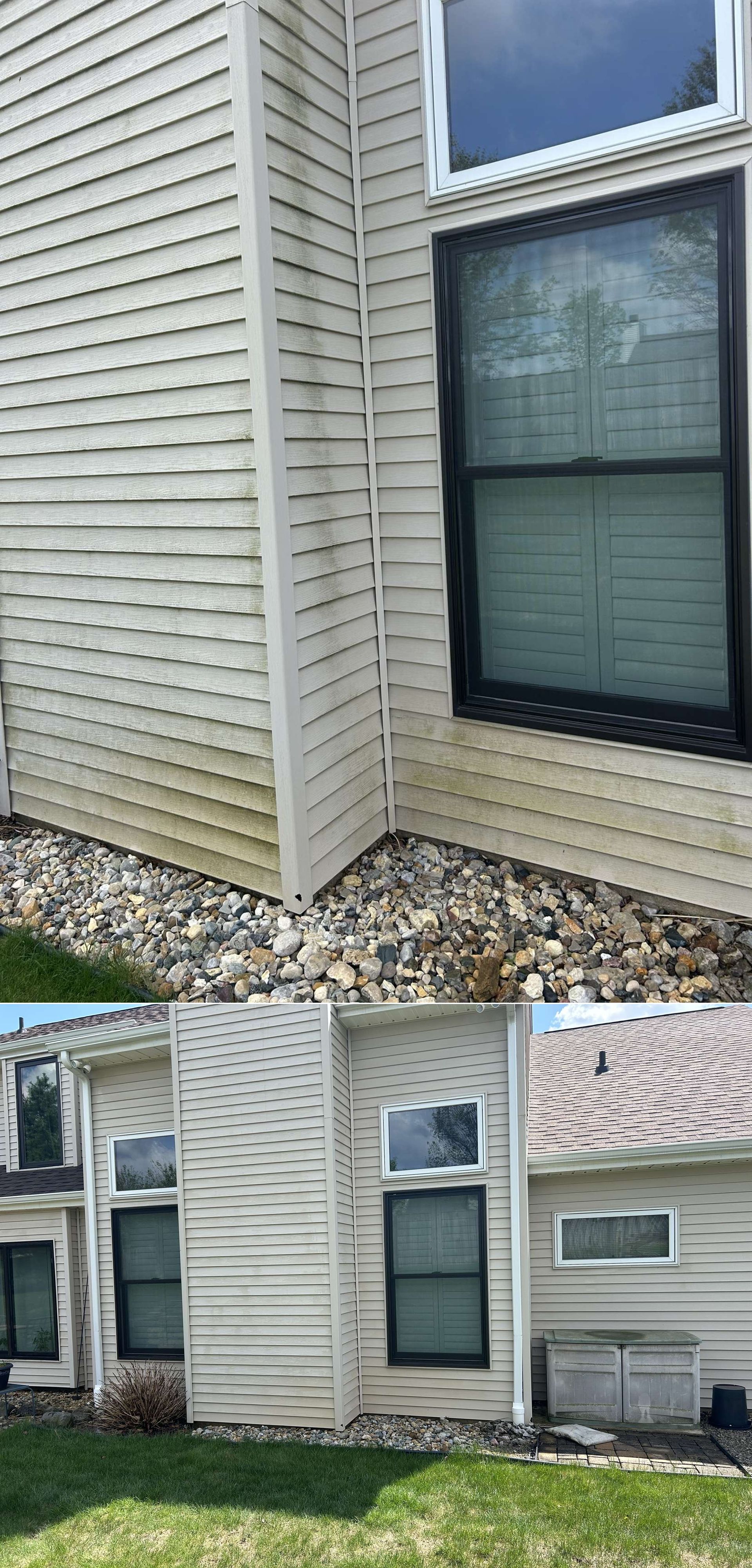 Exterior corner of beige apartment building with windows and white siding, shown in two views.