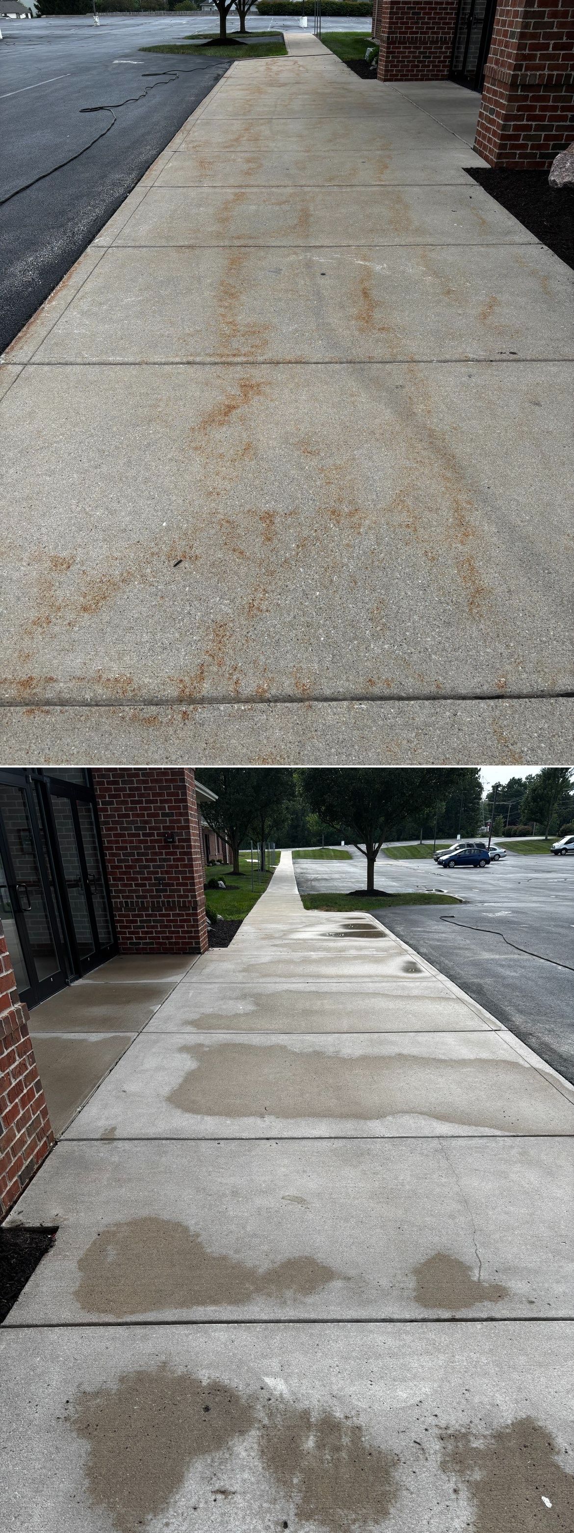 Sidewalk with wet patches beside a brick building, shown from two angles.