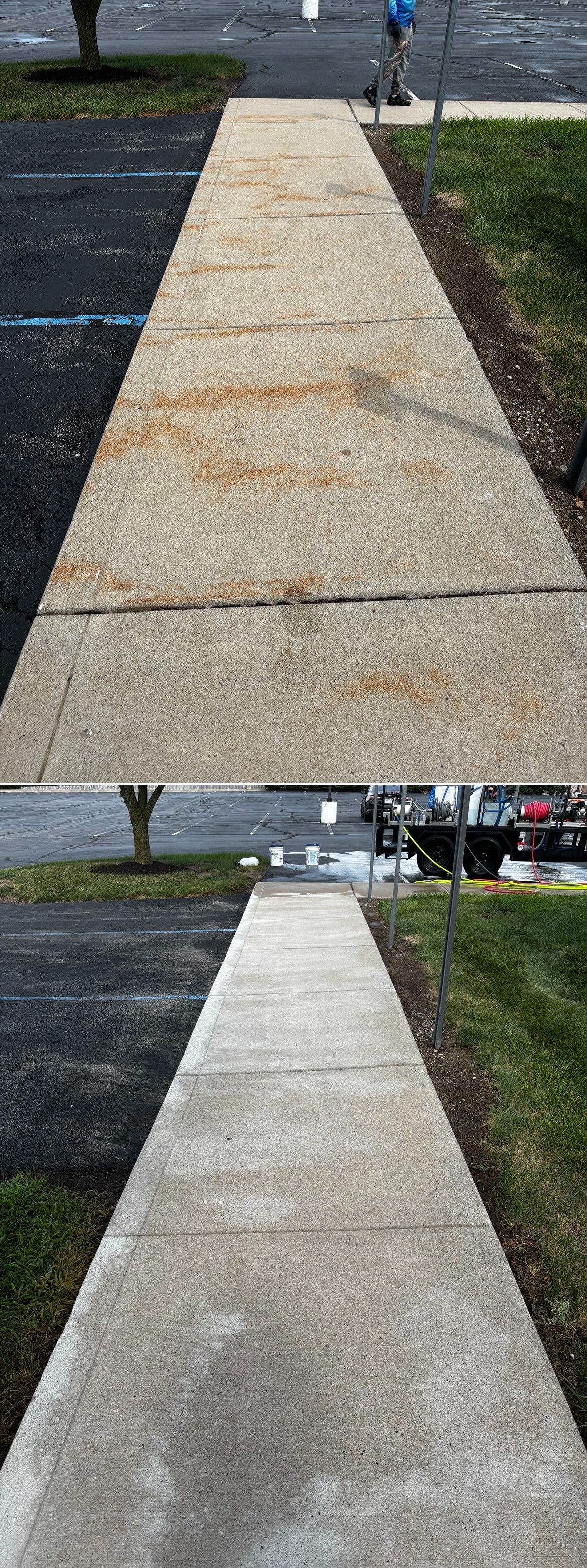 Two sidewalk photos showing a worn concrete path beside grass and pavement.