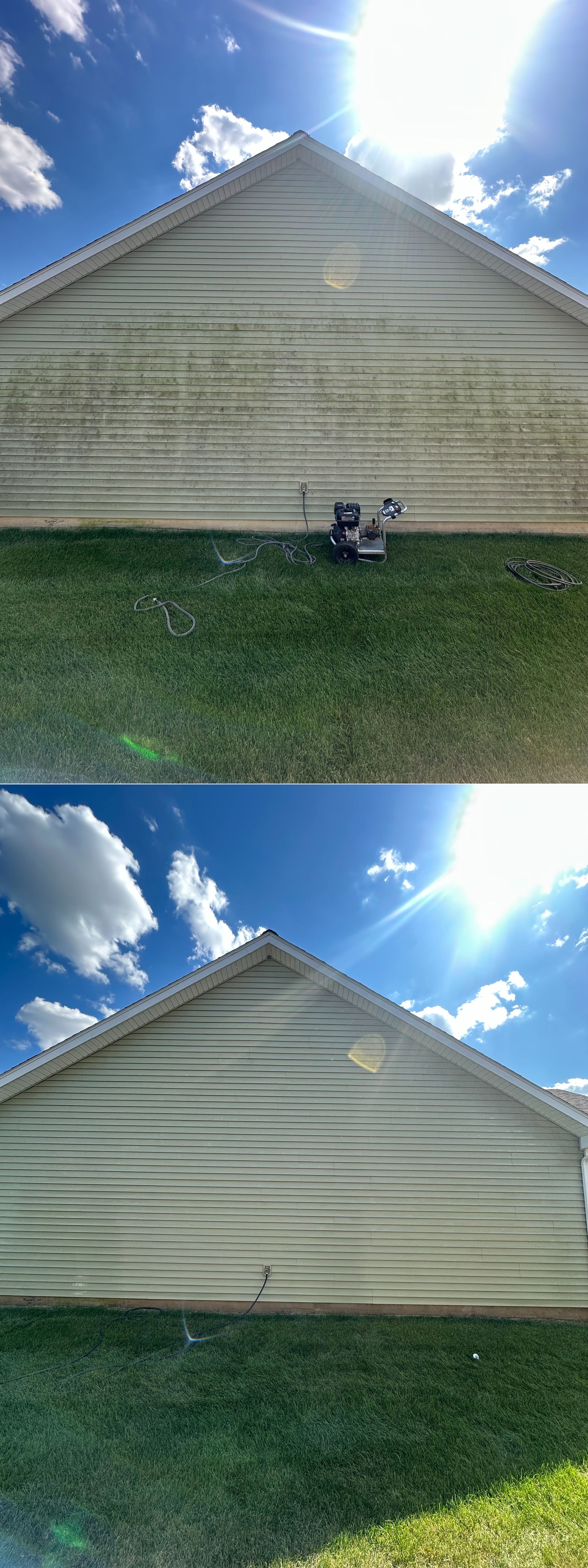Two side-by-side photos of a house’s triangular siding and roofline under a bright blue sky.
