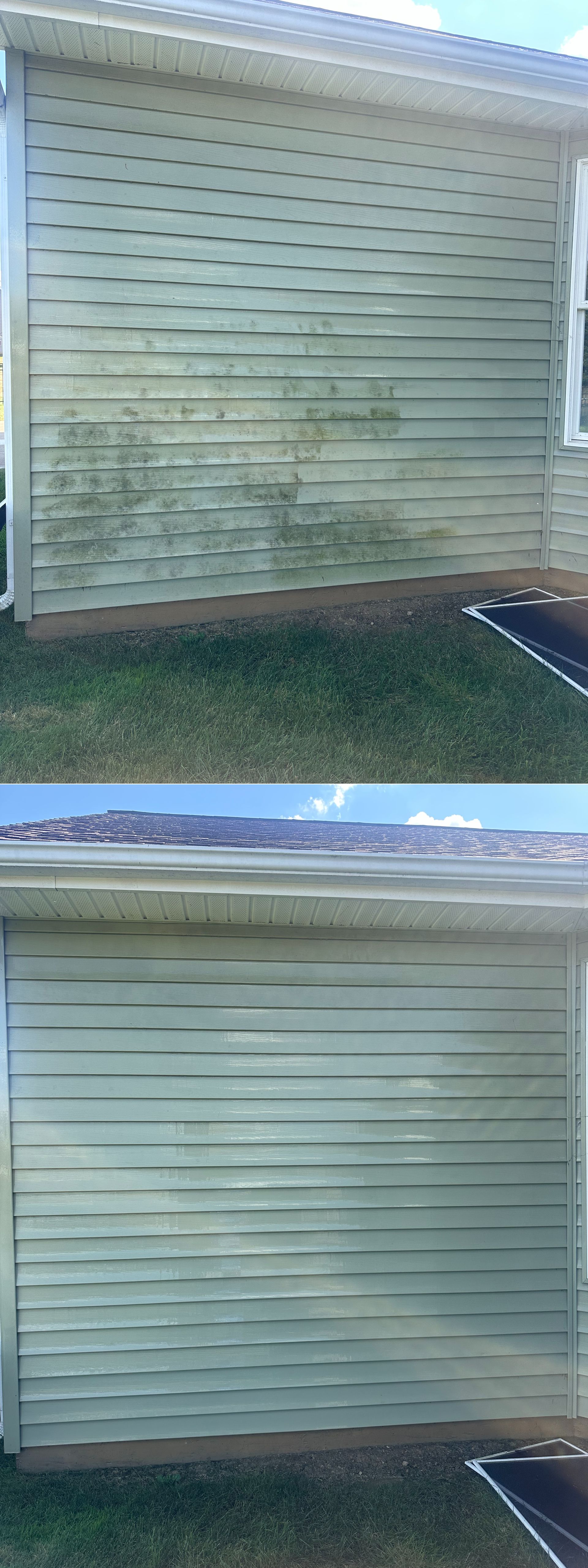 Two exterior views of a beige house wall with horizontal siding, showing weathering and dirt stains.