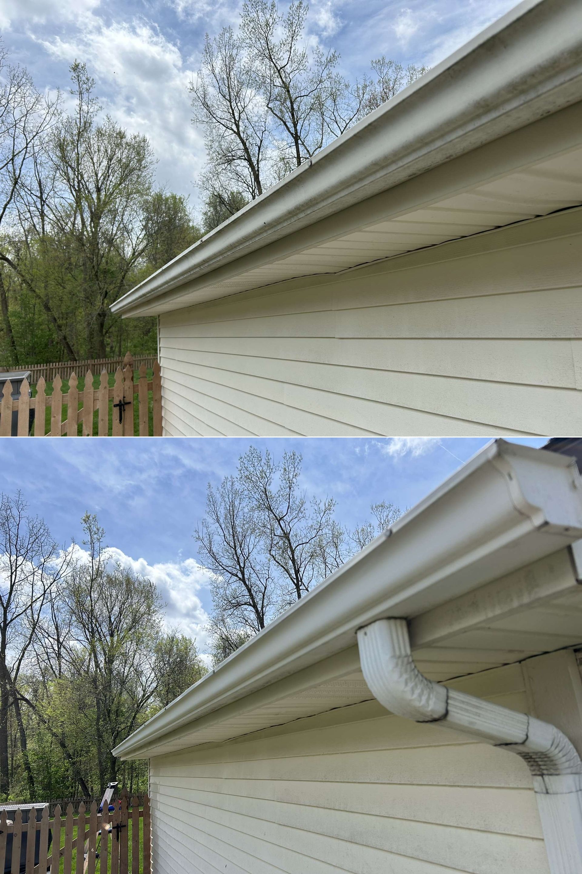Side of a white house with gutters and downspout, shown before and after gutter guard installation.