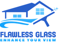 Blue house and squeegee logo with text “Flawless Glass Enhance Your View”