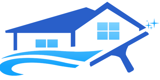 Blue stylized house logo with swoosh and sparkles