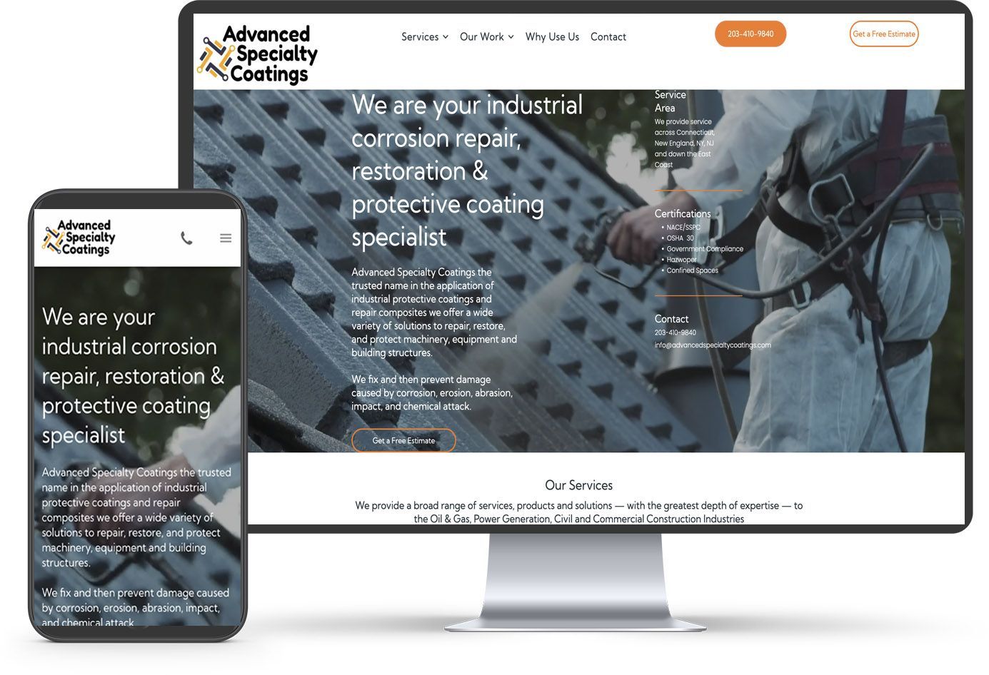 A computer monitor and a cell phone showing a website for advanced specialty coatings