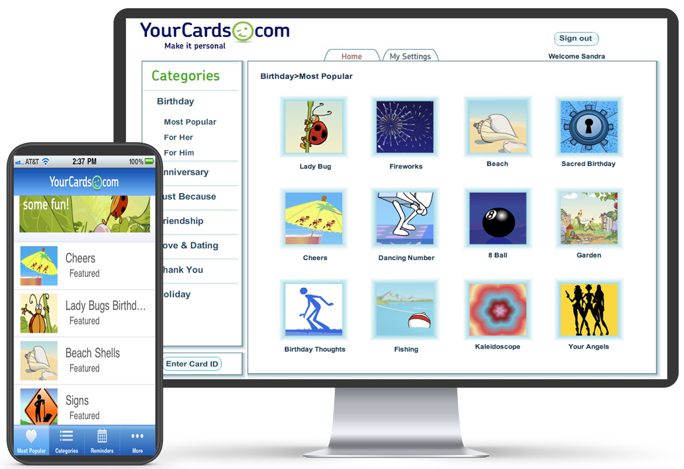 A computer monitor and a cell phone display a website called yourcards.com