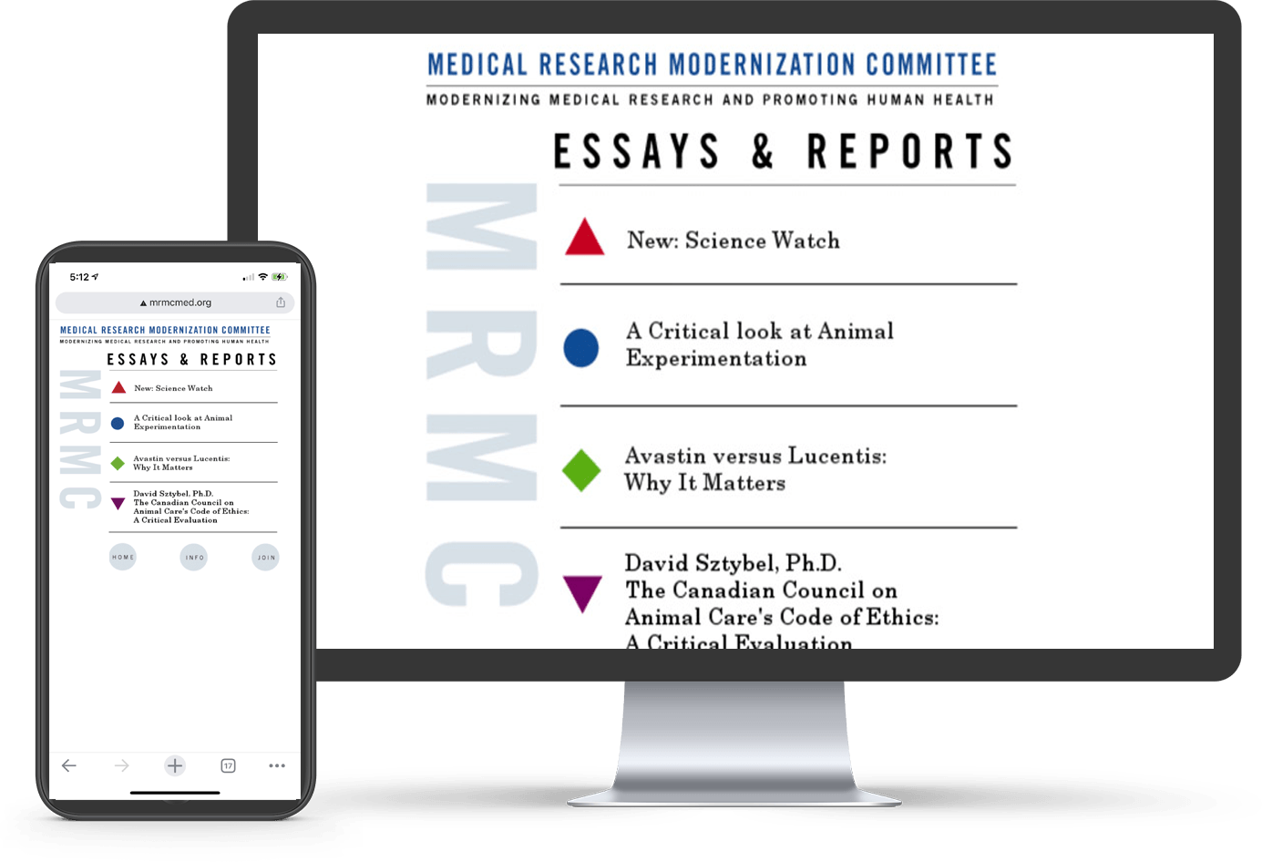 A computer monitor and a cell phone showing essays and reports from the medical research modernization committee