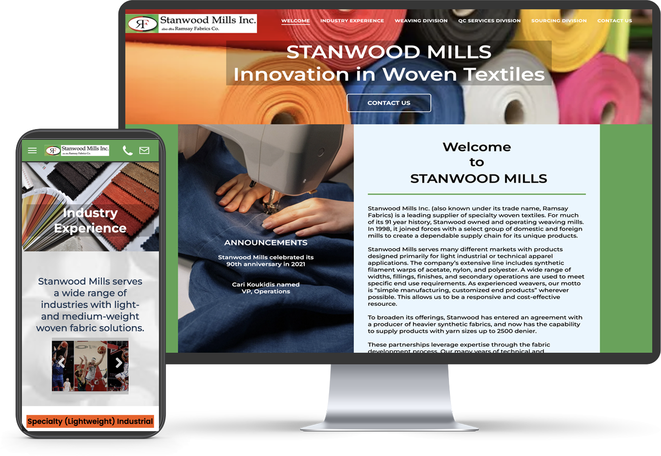 A computer monitor and a cell phone display the stanwood mills innovation in woven textiles website