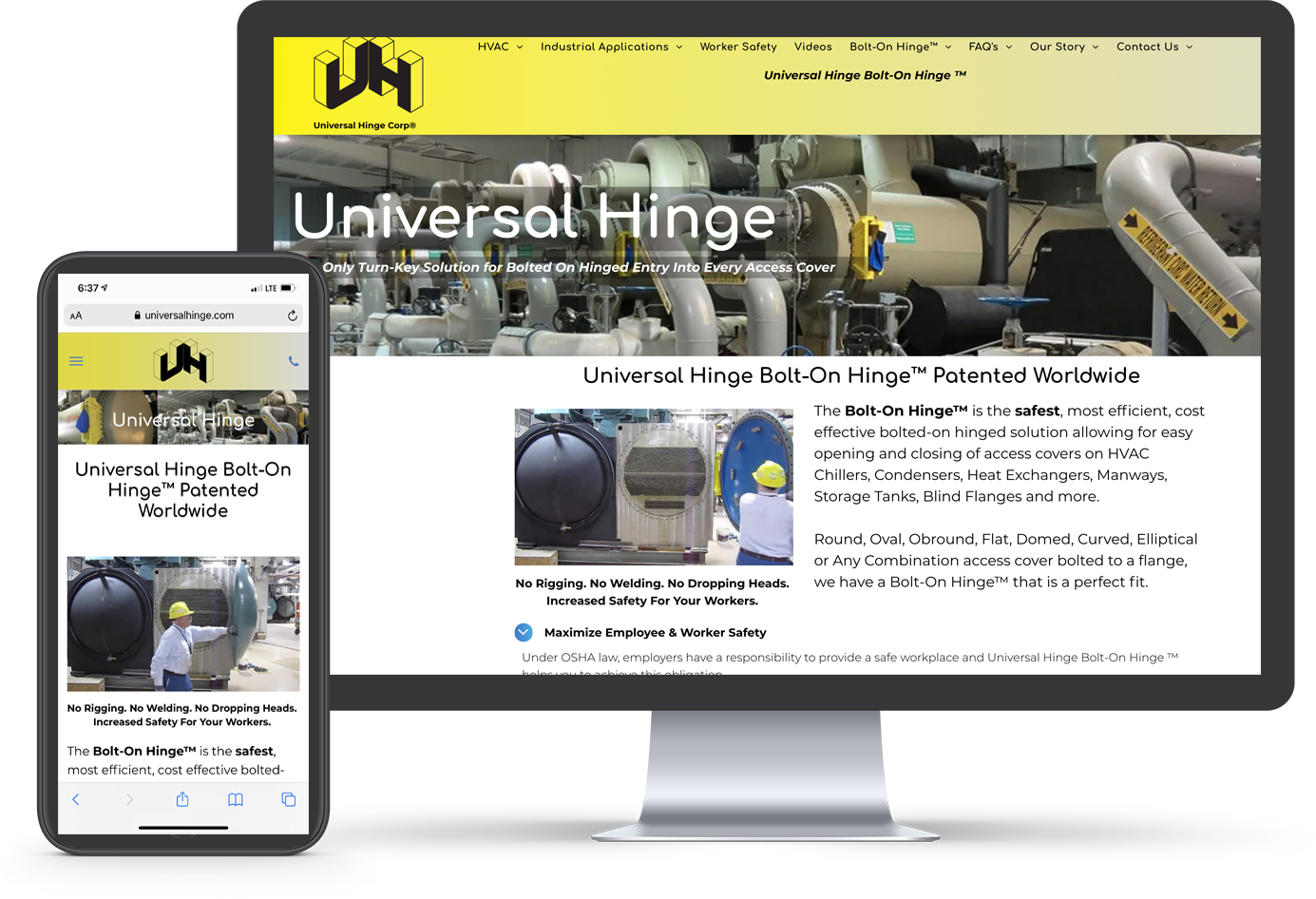 A computer monitor and a cell phone showing the universal hinge website