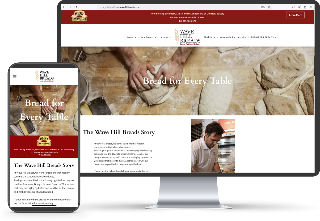 A computer monitor and a cell phone showing a website for bread for every table